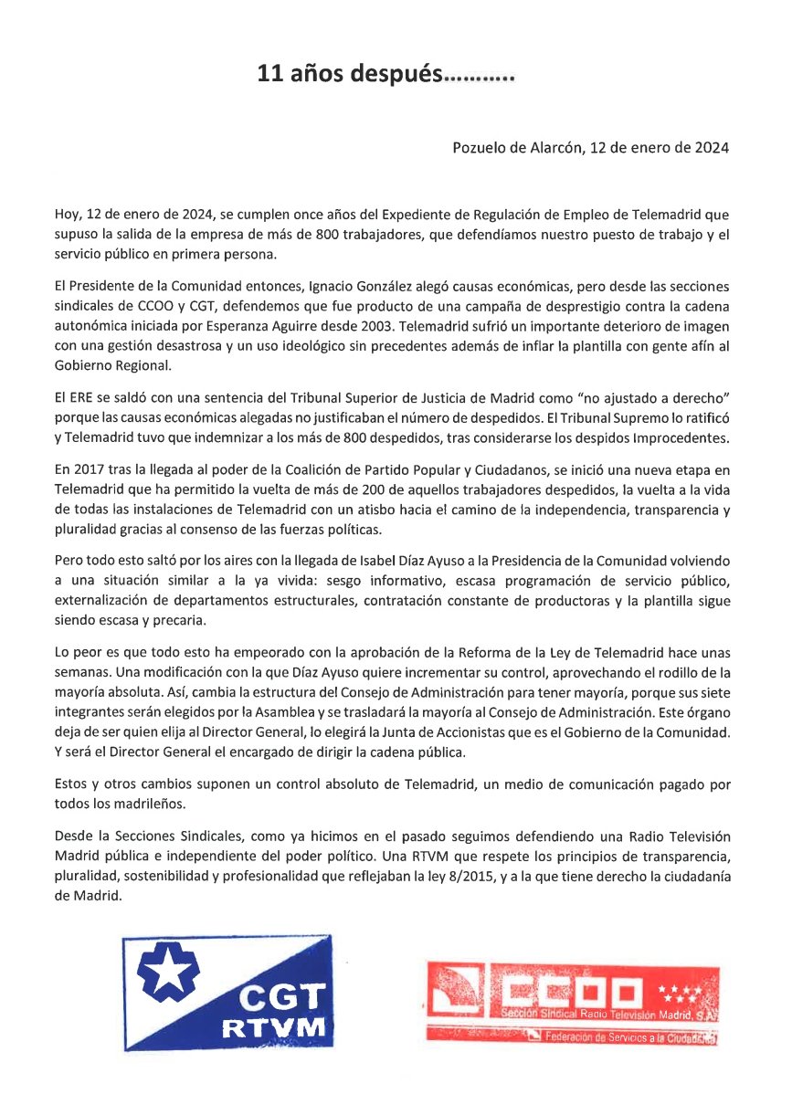 cgttelemadrid's tweet photo. Se cumplen 11 años del salvaje ERE de Telemadrid  a manos del gobierno del Partido Popular de la CAM. Destrozaron familias enteras. No olvidamos #ERETelemadrid
#11añosERETelemadrid https://t.co/oZkv2weUVf