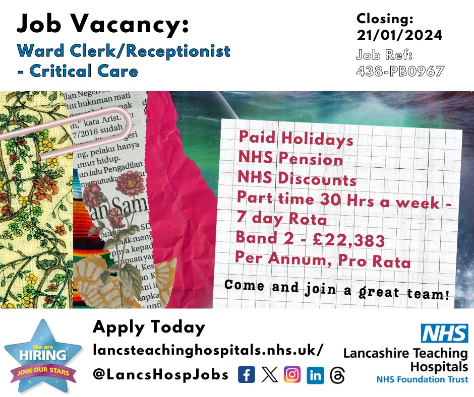 LancsHospJobs's tweet photo. Job Vacancy: Ward Clerk/Receptionist - #CriticalCare @LancsHospitals 

Check out the video for more: https://t.co/tiuTalajx3

⏰Closes: 21/01/24

Read more &amp; apply: https://t.co/09prN3soTb

#NHS #NHSjobs #lancashire #LancashireJobs @CritcareLTHTR #Preston #Receptionist #WardClerk https://t.co/YZJdZbB0TE