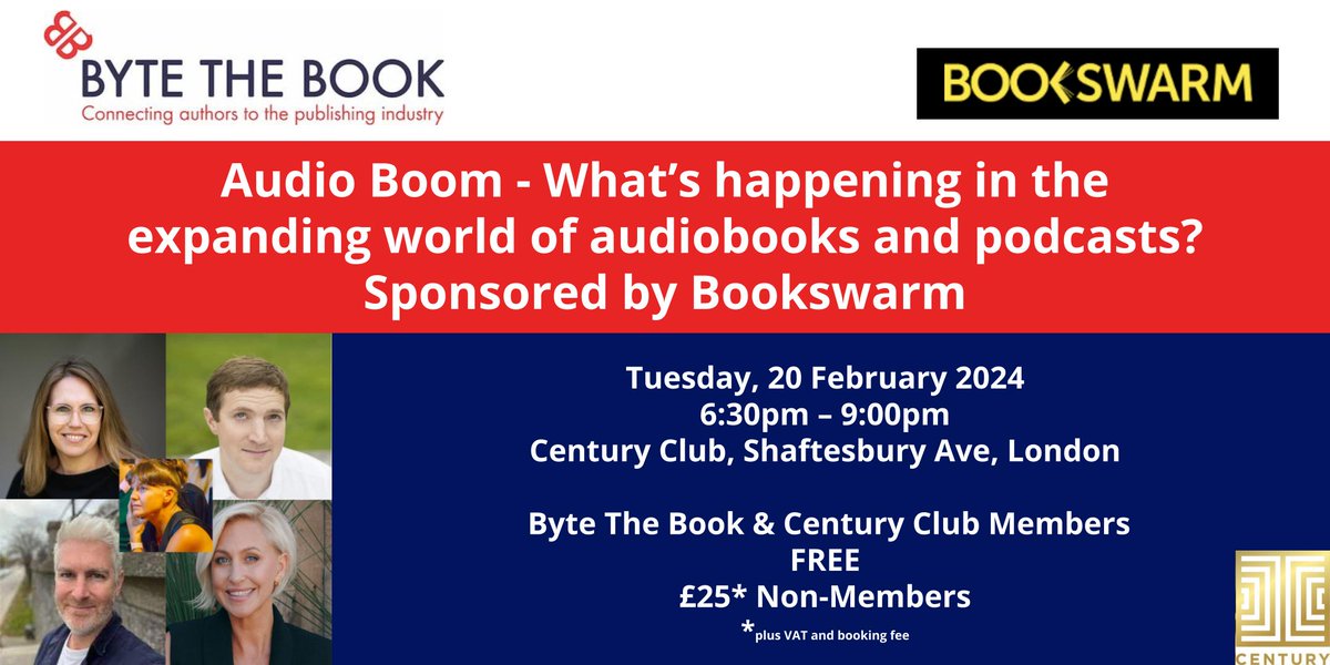 Join us 20/02 @bytethebook for #AudioBooks + #Podcasts event, sponsors #bookswarm chair @JustineSolomons @centurysoholive, panel @spotifyuk @xigxag5, @KatieStreetMate and @RakkitProducti1 https://om-audiobooks-podcahttps://bytethebook.com/event/audio-boom-audiobooks-podcasts/