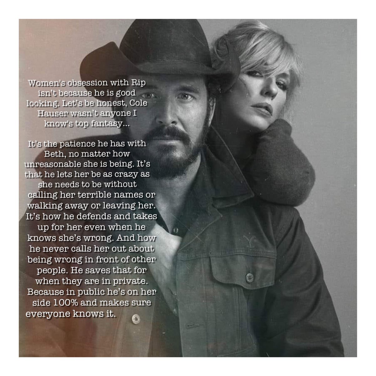 Onlyoneofme23's tweet photo. He wasn’t even on the radar of being anyone’s fantasy , until his character Rip was created! 
Whats important is how he is as a man , how he treats Beth and it’s what most women want from a man! #yellowstone #colehouser #kellyreilly #rip #beth #DuttonRanch #feelsafe #protected https://t.co/gG6hYnpMYK
