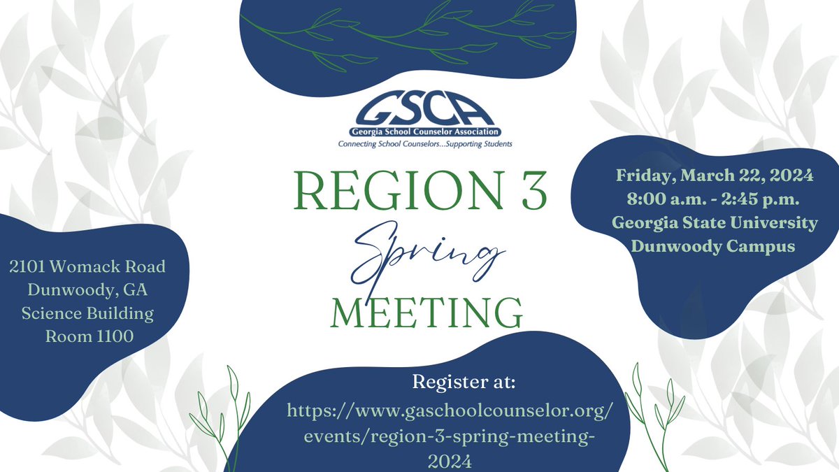 The Region 3 Spring Meeting has been set for Friday, March 22 from 8 a.m. - 2:45 p.m. Georgia State University- Dunwoody Campus 2101 Womack Rd Dunwoody Science Building Room 1100 Please see the link below to register: gaschoolcounselor.org/events/region-… #Region3Meeting #MakingADifference