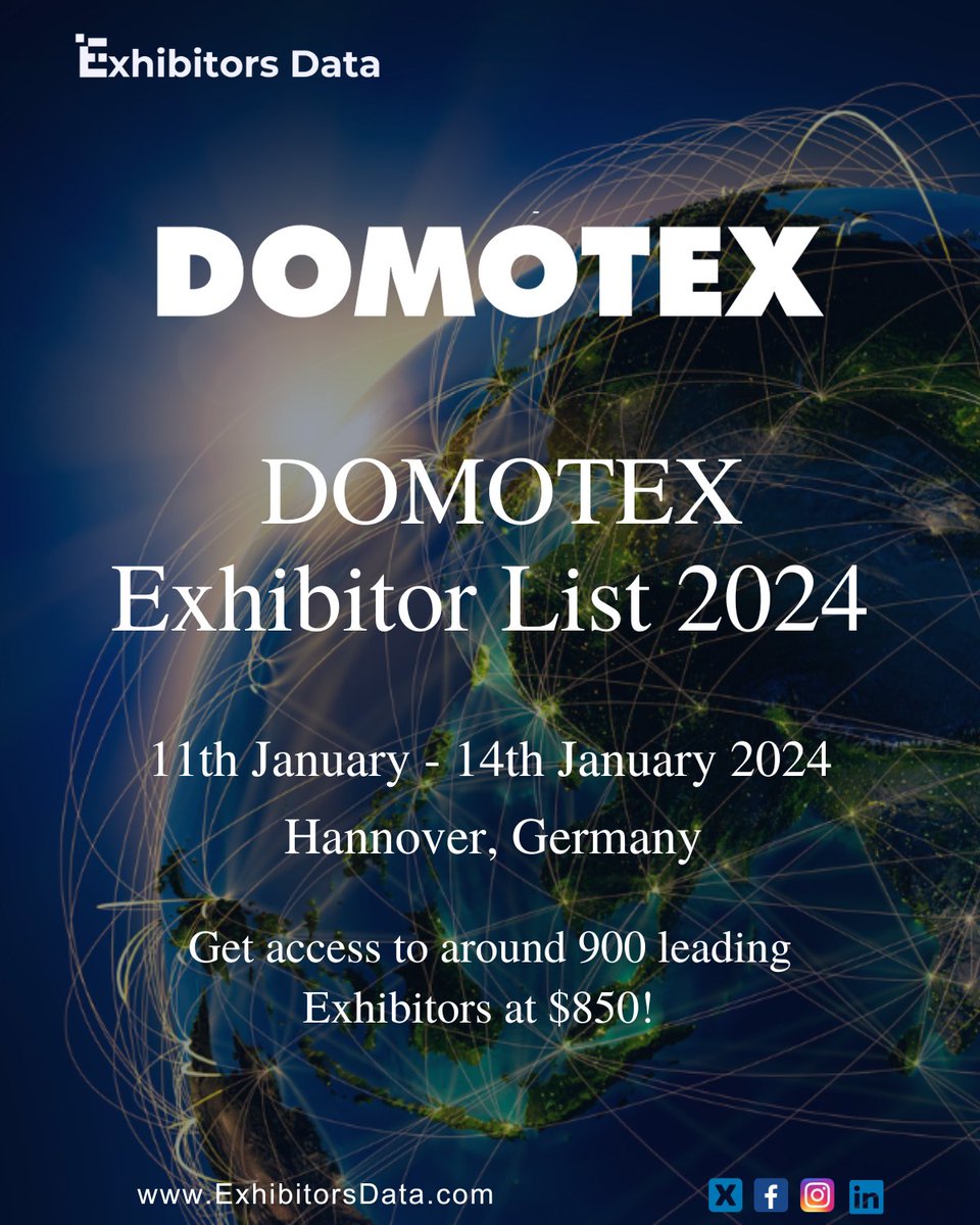 ExhibitorsData's tweet photo. DOMOTEX distinguishes itself as a leading international trade exhibition focused on carpets and floor coverings. Reach out to the top industry professionals with our DOMOTEX exhibitor list 2024!
visit: https://t.co/zcumXMo0Og
#exhibitorsdata #eventslist #domotex2024 #emaillist https://t.co/UFtj7hdqTl