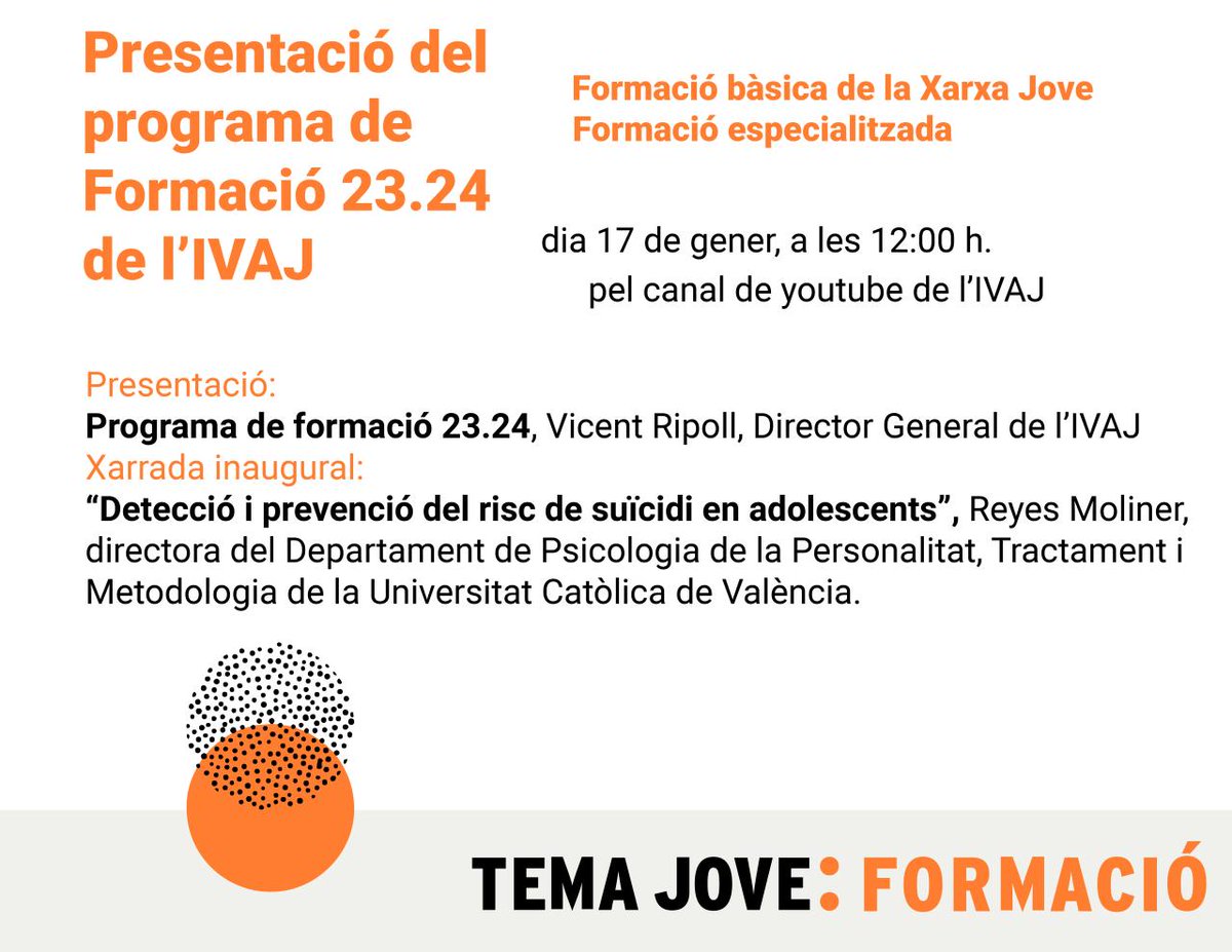 GVAivaj's tweet photo. 💻El pròxim dimecres 17 de gener a les 12h el director general de l'IVAJ @_VRipoll  presentarà el nou pla de formació 2023-2024 de l'IVAJ.🚀 
Podràs seguir-ho online des del canal de YouTube. Descobreix més ací 👇
https://t.co/2ziXvMOfXI https://t.co/Ym28ZJkoJp