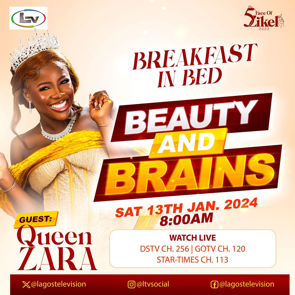 lagostelevision's tweet photo. 📺 Set your alarms, grab your coffee, and get ready for a weekend dose of wisdom and glamour! ✨👑 Spread the word and tune in for a morning that promises inspiration and fun. See you at 8 AM this Saturday! ☕🎉 #BeautyAndBrain #QueenZara #ZikelQueen #BreakfastInBed #WeekendTV https://t.co/oSelGESaGt