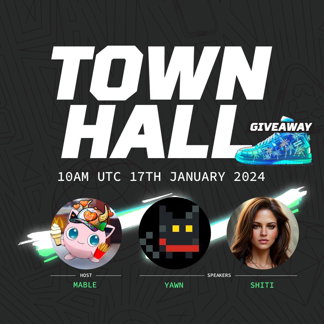 #STEPNTownhall January 🎊

📆 Jan. 17 - 10am UTC
➡️ x.com/i/spaces/1ypJd…

Come listen to <a href="/Mable_Jiang/">mable.sol (we're hiring</a>, <a href="/shitirastogi/">Shiti</a> &amp; <a href="/yawn_rong/">Yawn Rong | We’re Hiring!</a>!

🏆 RT &amp; Tag 3 friends + Follow <a href="/Stepnofficial/">STEPN GO</a>, <a href="/mooarofficial/">MOOAR</a> and <a href="/GasHeroOfficial/">For more details, please refer to @2184Official</a> to enter the raffle to win an exclusive New Year OG Sneaker ✨