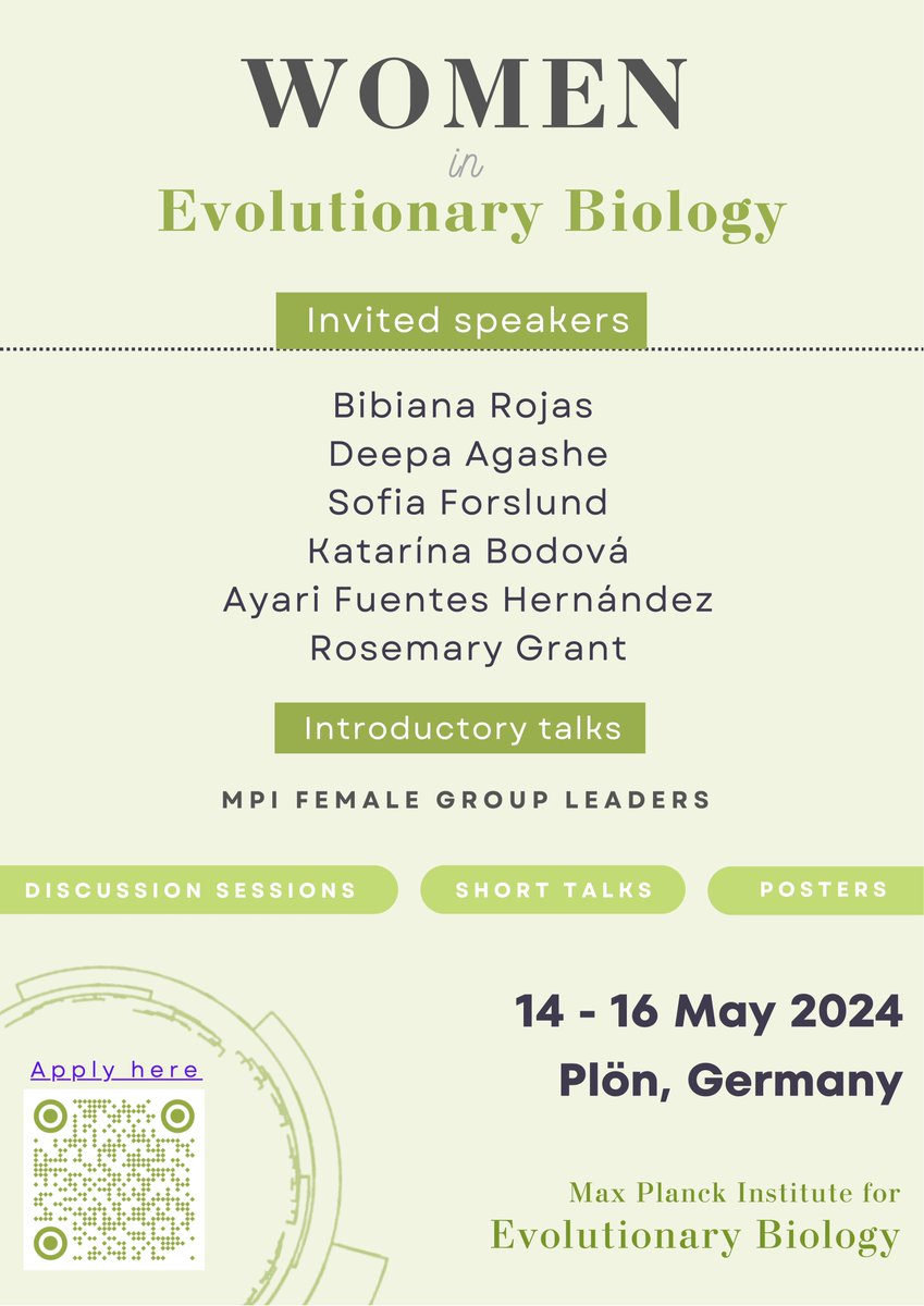 🥁📢 Join us in May for an empowering journey into the world of Evolutionary Biology at the 'Women in Evolutionary Biology' workshop! 🧬👩‍🔬 Let's celebrate and amplify the voices of women shaping the future of the field 📅 14 - 16 May 2024 📍 @MPI_EvolBio Plön, Germany