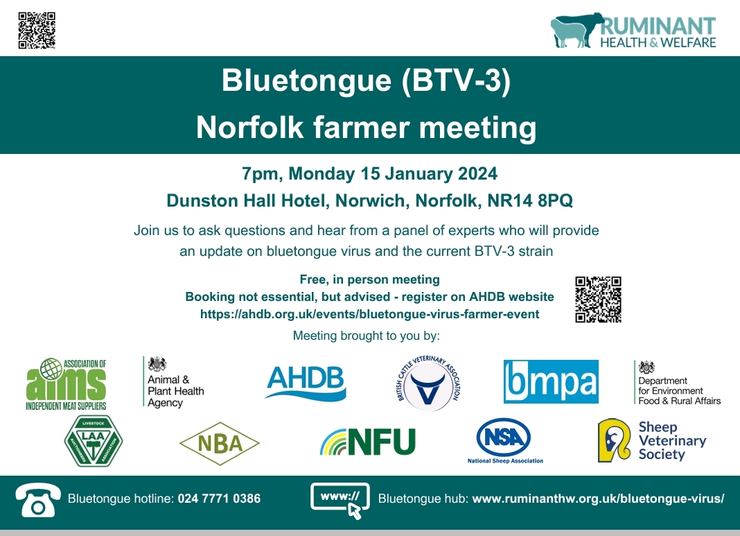 ruminanthw's tweet photo. Another reminder for the below meeting this Monday in Norwich.
For those who cannot attend, please keep checking our #BTV3 webpage for upcoming bluetongue webinars as well as webinar recordings to view on-demand:
https://t.co/al7gJgMehr https://t.co/ocO3fqUaeF