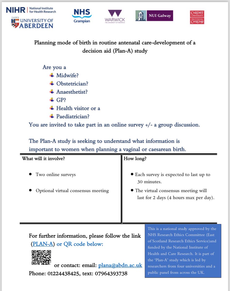 Our Plan-A team is making a list of outcomes for women &amp; partners to think about when deciding their planned mode of birth. We would love to get your perspective for our survey, if you are a Midwife, Obstetrician,Anaesthetist,GP, Health visitor or Paediatrician. See advert below.