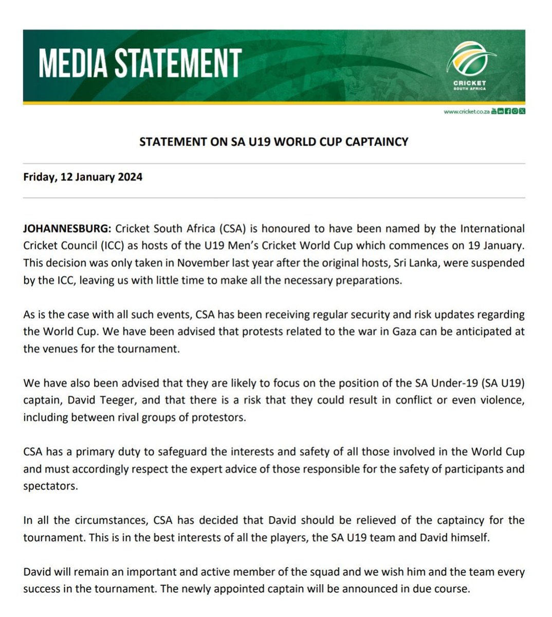 DeanMacpherson's tweet photo. This is the worst form of discrimination based purely on someone’s religion. If there are ‘safety concerns’ then @ProteasMenCSA have a duty to address them and protect the player instead of acceding to the demands of those who seek to bully and threaten a young man. https://t.co/3B4ip8OVVI