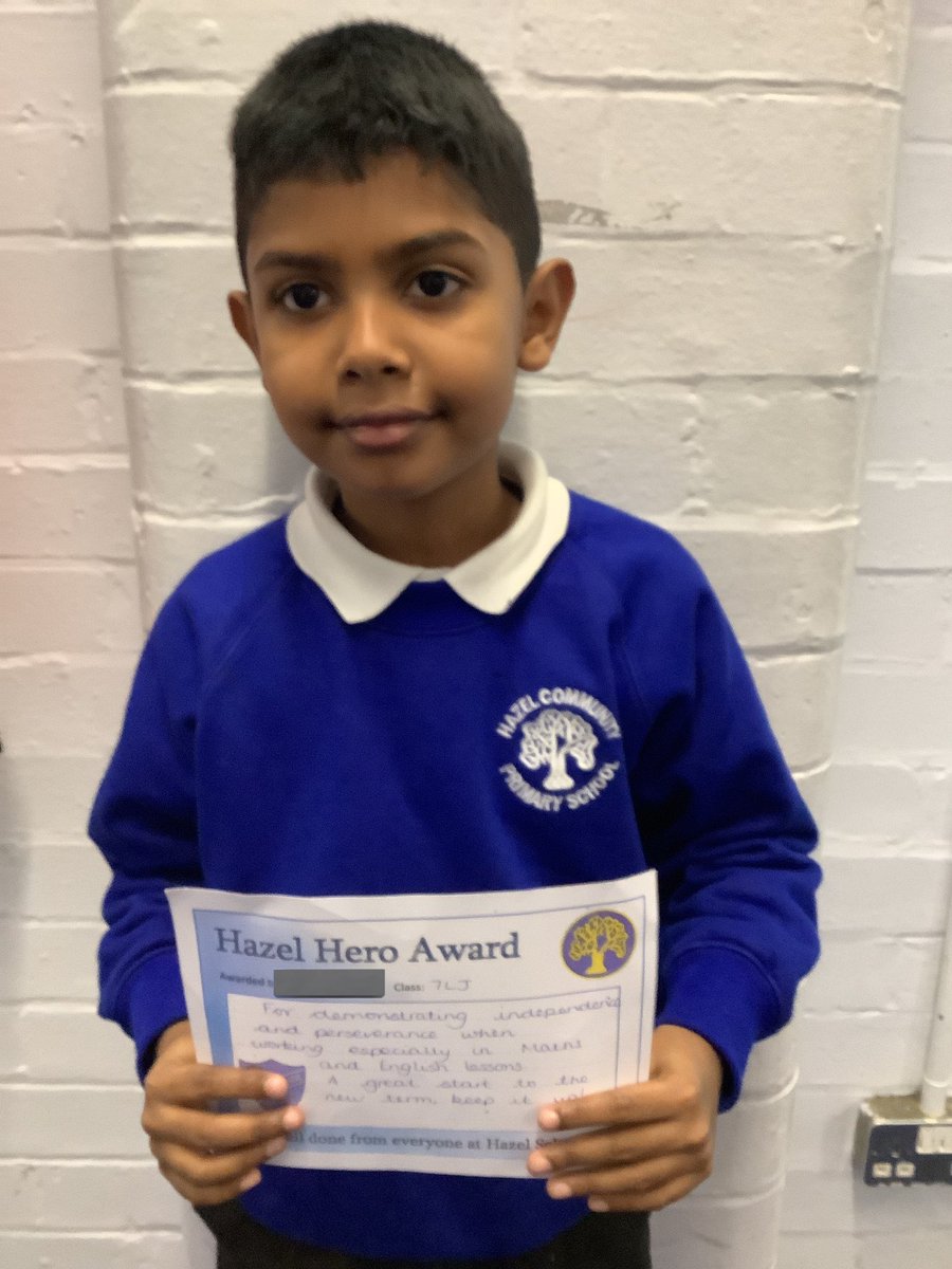 MissJon18167397's tweet photo. Well done to this week’s Hazel Hero! For demonstrating excellent independence, especially when working in mathematics and english lessons. @HazelSchool https://t.co/YiOT96rhPB