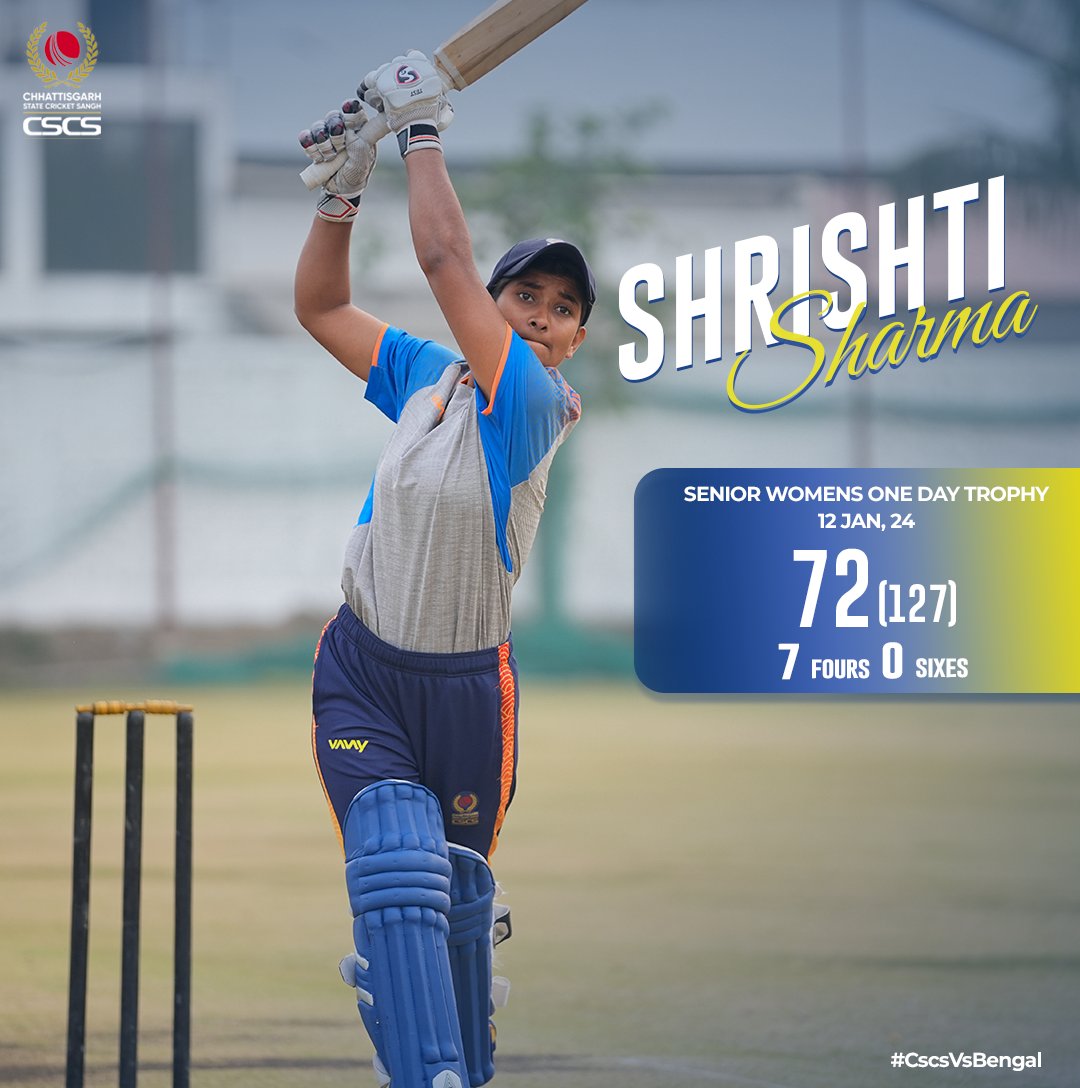 CricketCSCS's tweet photo. Shrishti Sharma steals the spotlight in the #SeniorWomensOneDayTrophy clash against Bengal, crafting a magnificent inning of 72 runs!
#BCCIDomestic #WomensCricket #SeniorWomensTeam #OneDaytournament #OneDayCricket #OneDayTrophy #TeamCSCS #GoTeamCG #crickettournament #cricketcscs https://t.co/WOSjCvYIgS