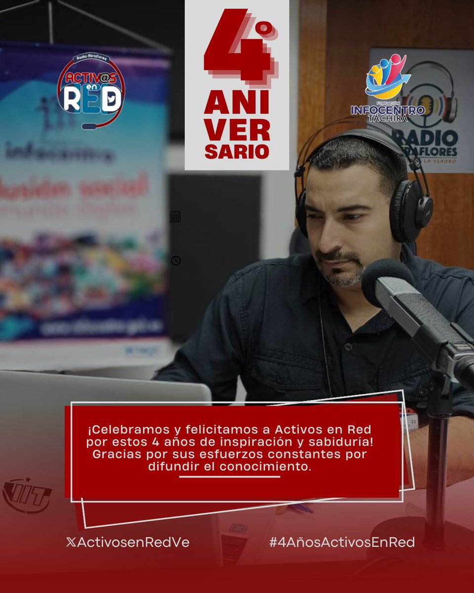 Felicidades @ActivosenRedVe en su 4to aniversario al aire por ondas herzianas de @SomosRMNoticias #4AñosActivosEnRed  @LaRosaInfoVE