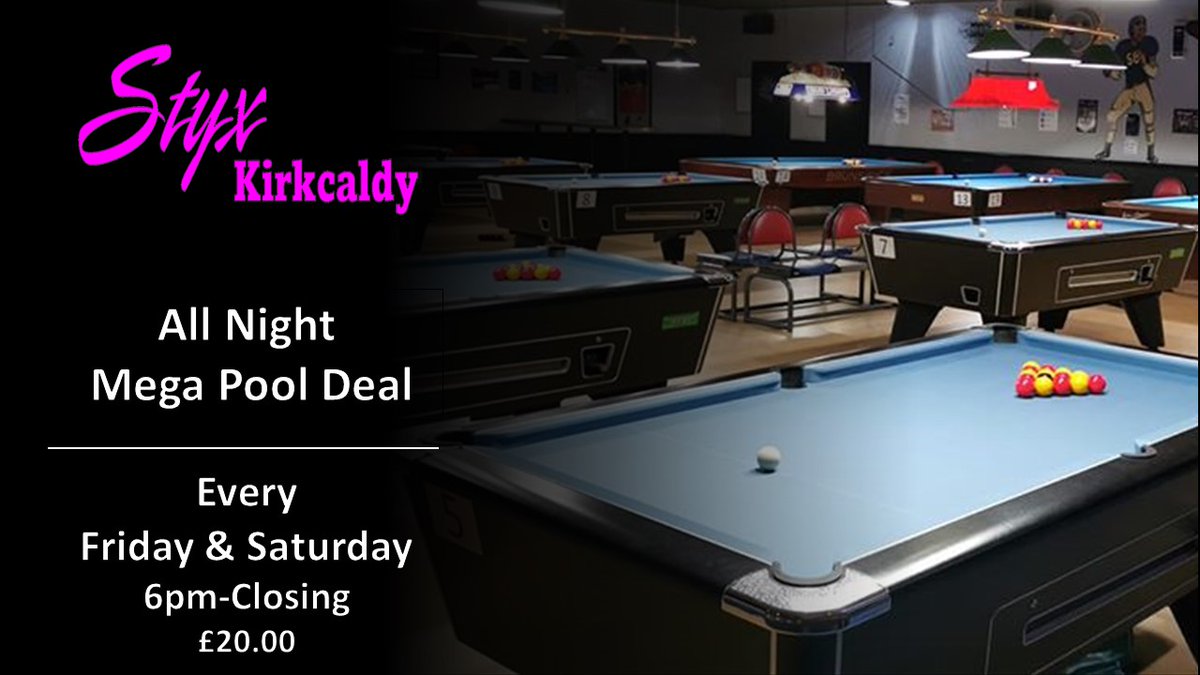 All night Mega Pool Deal!

Grab yourself a British Pool table every Friday or Saturday night from 6pm until closing for only £20!

Call us now or head on over to our website to enquire about availability
📷 01592 265483
📷 styxkirkcaldy.com/table-hire