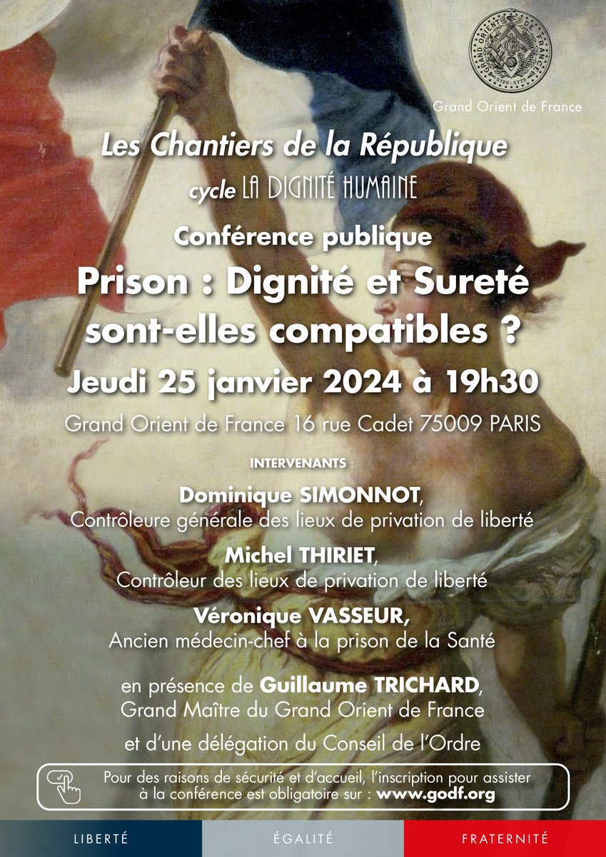 GODFOfficiel's tweet photo. Prison : Dignité et Sureté sont-elles compatibles ?
Conférence publique organisée par le @GODFOfficiel jeudi 25 janvier 2024 à Paris.
En présence de Guillaume @Trichard, Grand Maître du Grand Orient de France et d’une délégation du Conseil de l’Ordre.
➡️https://t.co/6t8nIcLXlD https://t.co/R79vDD1LnV