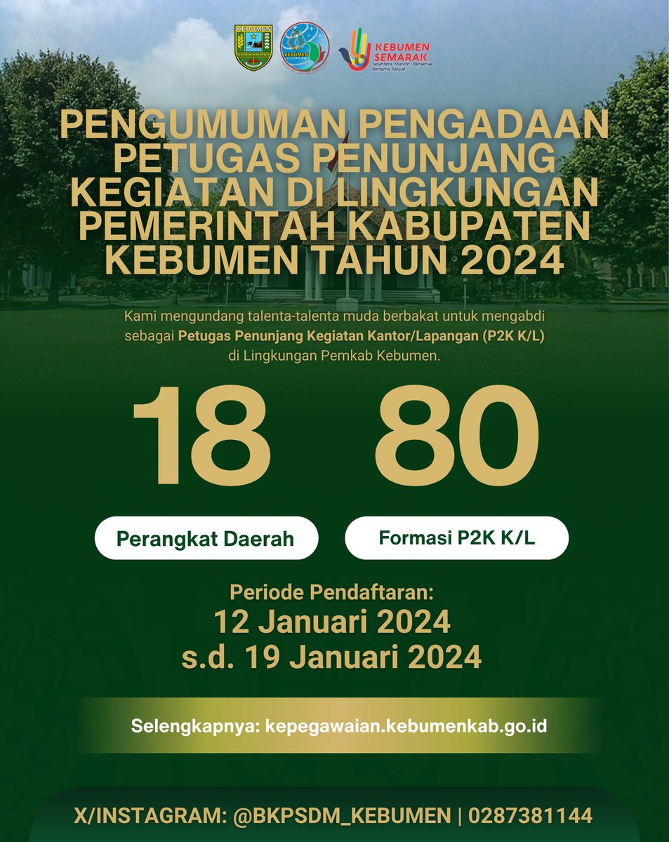 Pengumuman Pengadaan Petugas Penunjang Kegiatan di Lingkungan Pemerintah Kabupaten Kebumen Tahun 2024

Sumber : kepegawaian.kebumenkab.go.id/index.php/web/…
