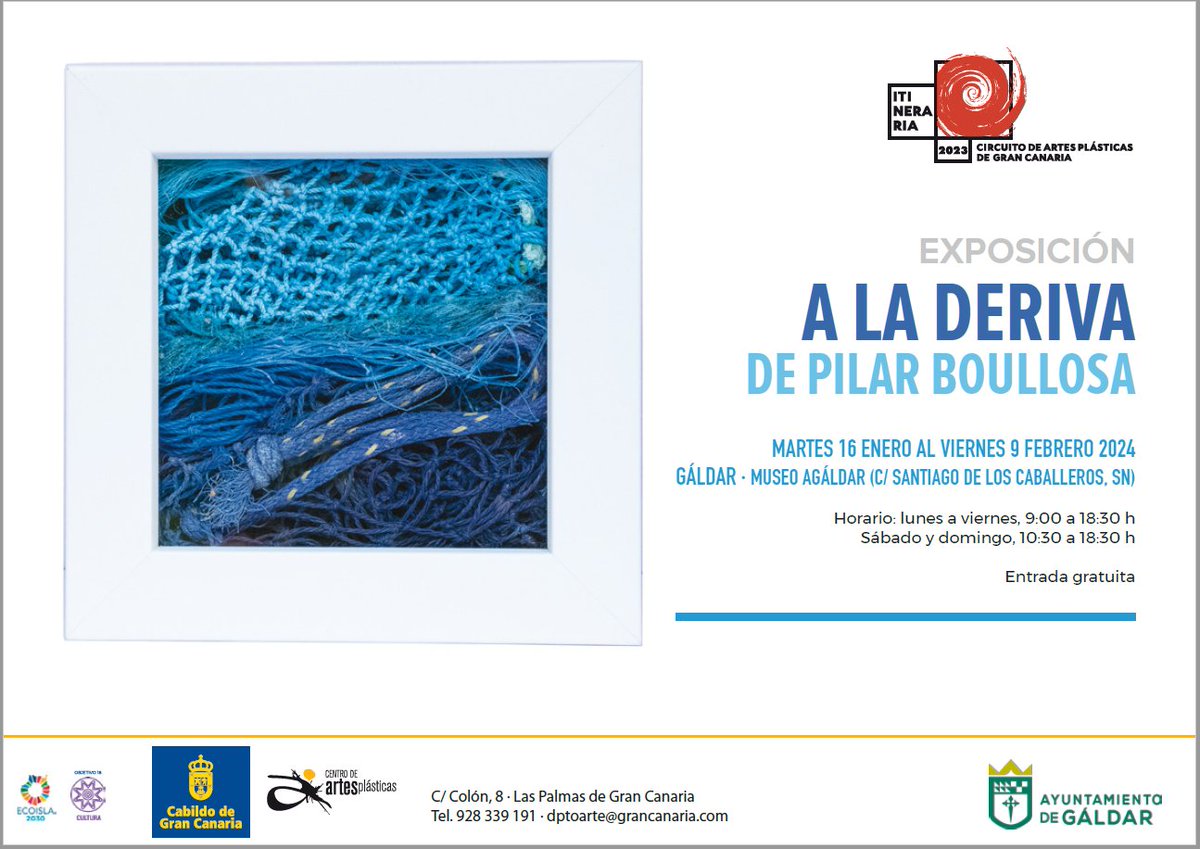 ArtesPlasticasG's tweet photo. Desde el día 16 de enero hasta el 9 de febrero tendremos la exposición de la itineraria en el municipio de Gáldar “A la deriva”, donde se expondrán las obras de la artista Gran Canaria Pilar Boullosa. https://t.co/JOlK5ZZvSY