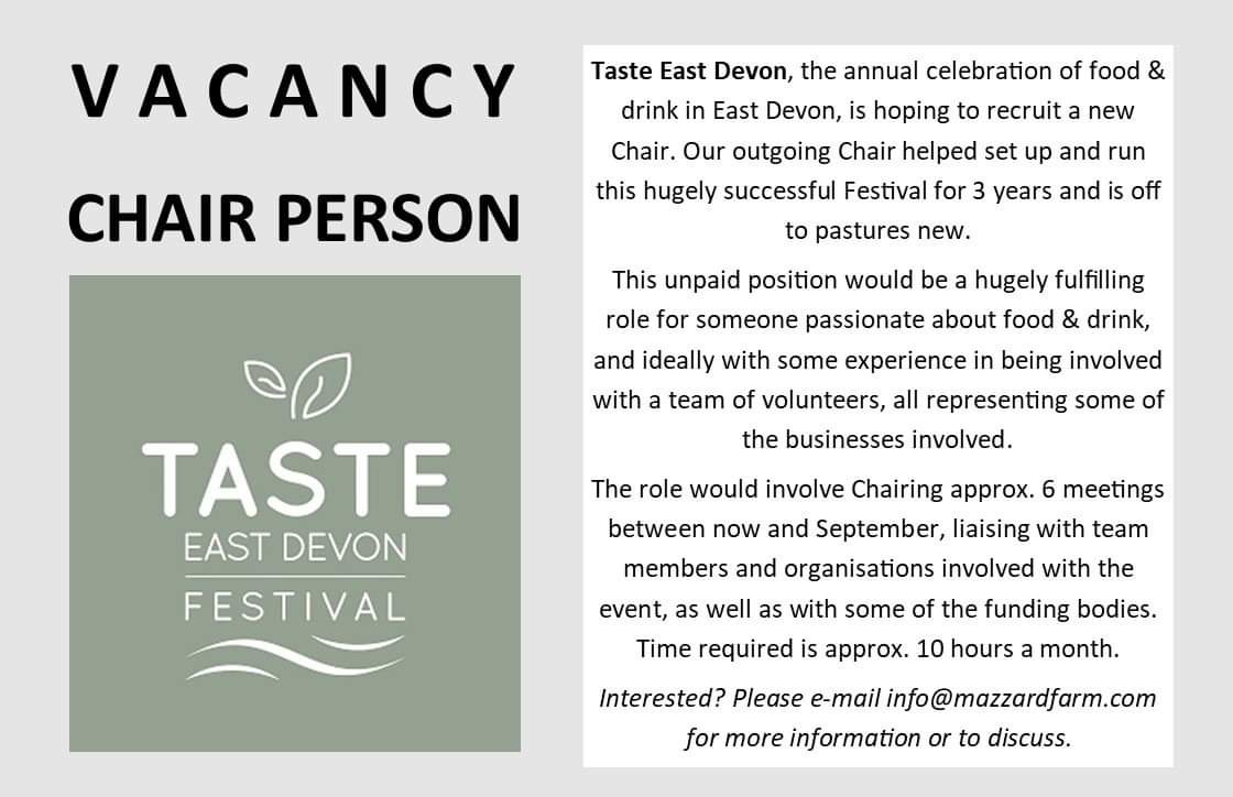 Happy 2024!. Our lovely event is looking for a new Chair Person. Would this be something you would be interested in? Or do you know someone who might?  Please check the details attached and get in touch, or share, if you can. Many thanks! tasteeastdevon.co.uk