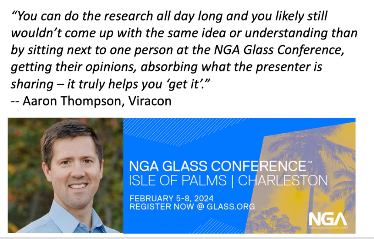 THINKING ABOUT #NGA GLASS CONFERENCE? Are you considering joining us next month at Isle of Palm/Charleston, SC, for the NGA Glass Conference? See the agenda and list of companies slated to attend so far! glass.org/nga-glass-conf…