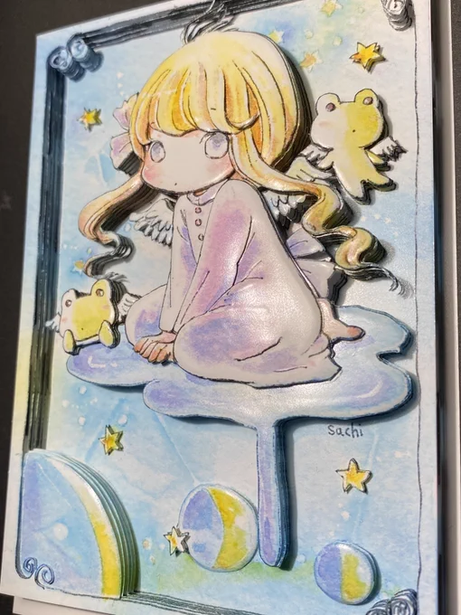 #見た人もなにか無言で羽根付の何かをあげる #シャドーボックス作家さんの許可を得てイラストを切り貼り重ねて立体化するシャドーボックスの技法で製作しています。イラストの持つ魅力が立体という表現を通して伝わったら嬉しいです。イラスト:ソラコさん、sachiさん、yluさん(画像順) 