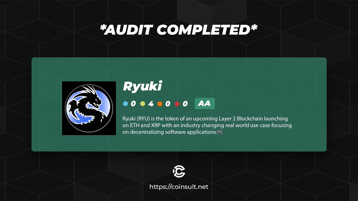 🔒 AUDIT COMPLETED FOR RYUKI (🐉)

🎁 GIVEAWAY: $25 (48 hours)

1⃣ Follow <a href="/Ryu_Chain/">RyuChain</a> &amp; <a href="/CoinsultAudits/">Coinsult - Audits & Development</a> 
2⃣ Like ❤️ + RT this tweet
3⃣ Place a comment 💬

Go check out the full project page of Ryuki 👇
coinsult.net/projects/ryuki/