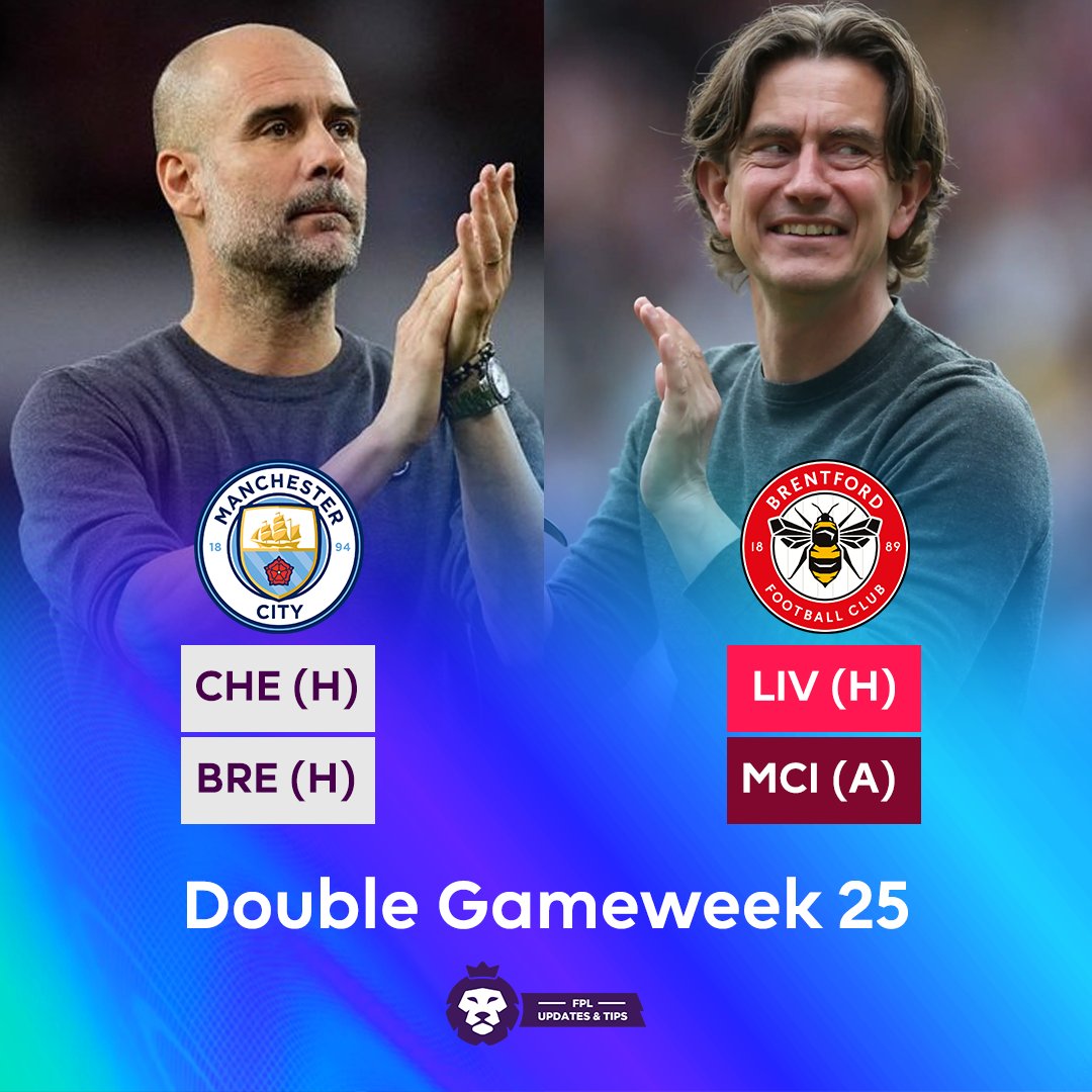 FPLUpdates_Tips's tweet photo. 🚨 DOUBLE GAMEWEEK ANNOUNCED! 🚨
Man City and Brentford will play two fixtures in #FPL Gameweek 25 👀
👕Man City vs Chelsea(H), Brentford(H)
🐝Brentford vs Liverpool(H), Man City(A)
How does this affect your plans?
#FPL <Admin #AW23 🏴> https://t.co/QtJoegzzpq