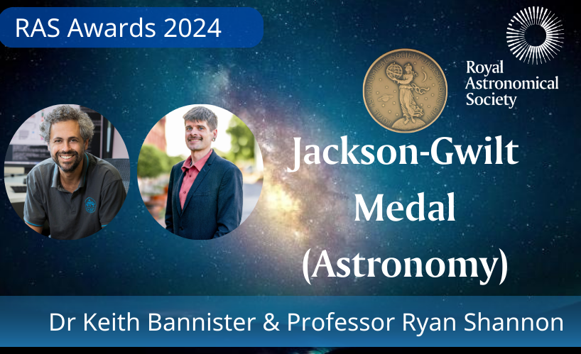 On to the Jackson-Gwilt Medal for #Astronomy next. This has been jointly awarded to Dr Keith Bannister of @CSIRO and Professor Ryan Shannon of @Swinburne. Congratulations @pleasefftme and Professor Shannon! #RASawards