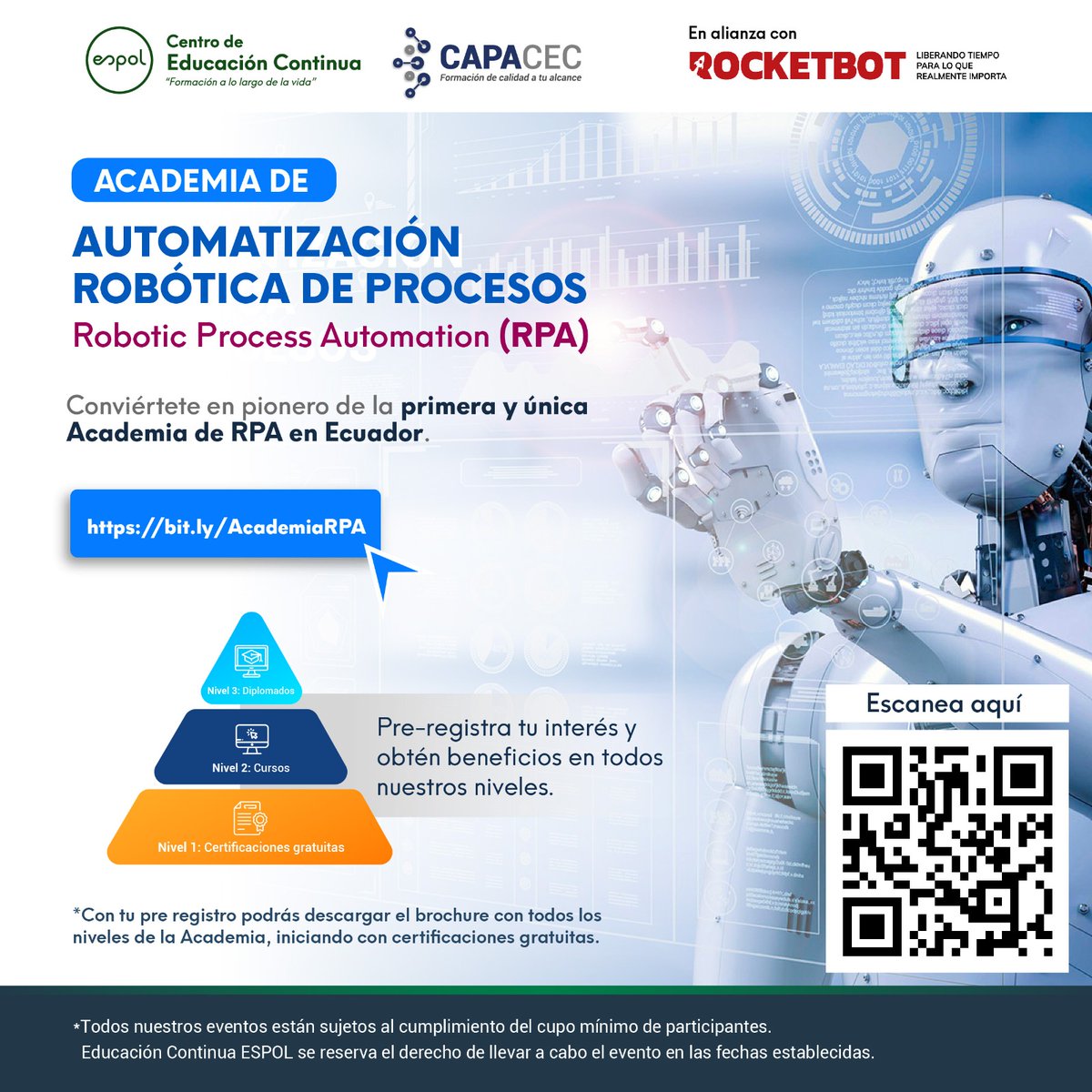 capacec1's tweet photo. ¿Quieres aprender a desarrollar Robots (software) efectivos y eficientes e iniciar con una CERTIFICACIÓN GRATUITA? Inscríbete en La primera y única academia de #RPA (Robotic Process Automation) en el #Ecuador.  Inscríbete  #gratis https://t.co/inaOCYYL8N https://t.co/ZY4kl2t7YI