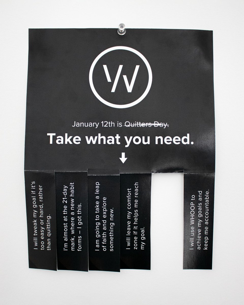 WHOOP's tweet photo. Take what you need. ⤴

Today is known as Quitters Day, the most likely day for people to give up on their New Year's resolutions. We're here to remind you that your goals are worth the effort – don't give up. 💪 https://t.co/hdVw062E6S
