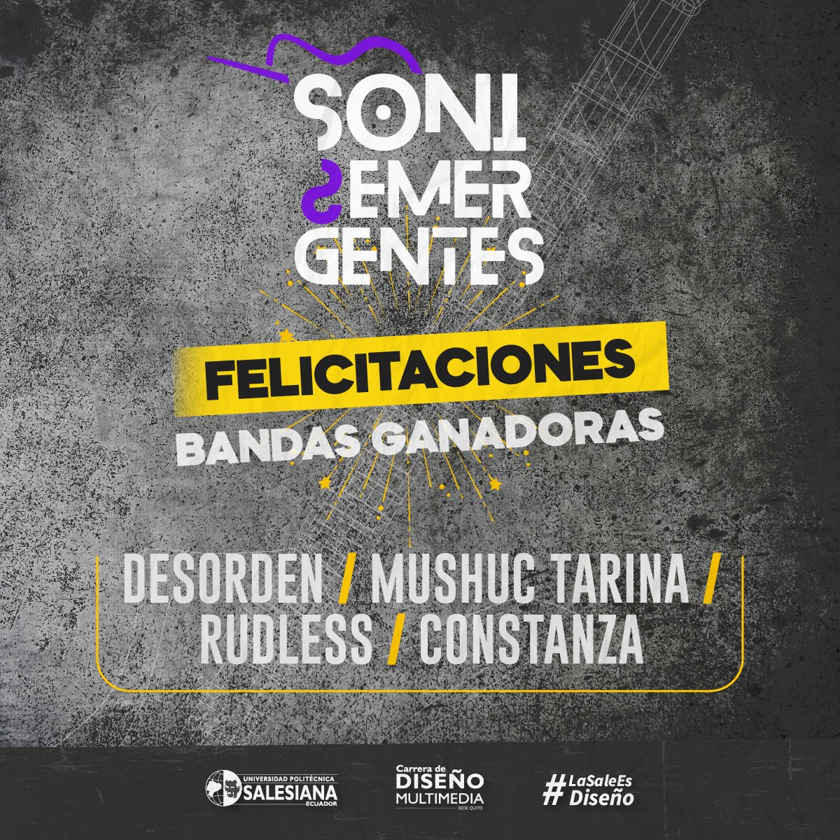 DMultimediaUPSQ's tweet photo. 🎸 ¡Sonidos Emergentes, felicidades ganadores! 🎸
#Desorden, #Mushuc #Tarina, #Rudless y #Constanza son las agrupaciones que grabarán su #videoclip como parte del proyecto académico de la Asignatura Post Producción Audiovisual, cátedra dirigida por el Docente Ramiro Morejón. https://t.co/3W7MVg4pZF