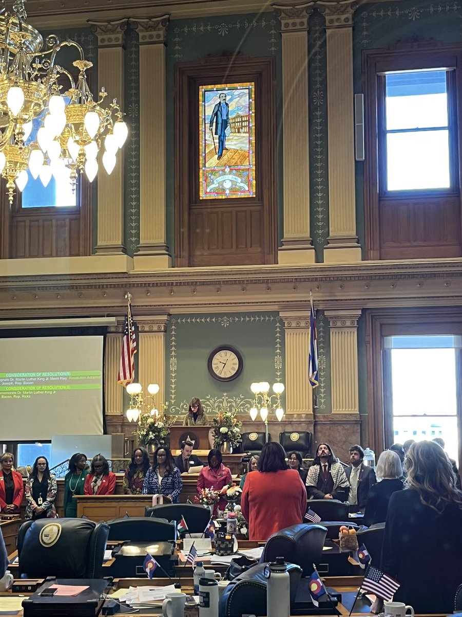 AflBobby's tweet photo. The state house honoring Dr. King under the portrait of Barney Ford - a key African American leader in Colorado that shaped the state especially our early commitment to anti-discrimination. We have not always lived up to Ford’s vision, we are better for that guiding light. #coleg https://t.co/u2Yz3Bz4hK