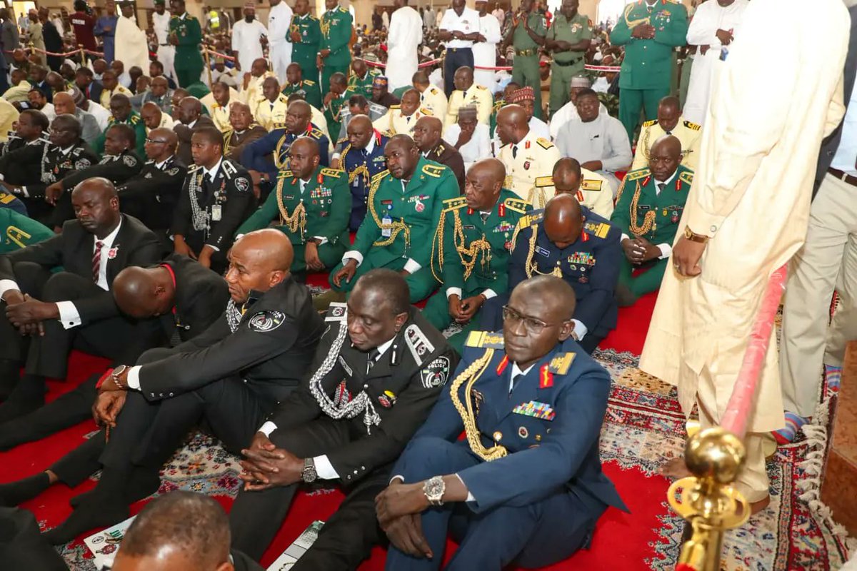 NigAirForce's tweet photo. President Bola Ahmed Tinubu GCFR, Hon Minister of Defence, Dr Abubakar Badaru, @CAS_HBAbubakar and other top government functionaries at the Jumaat prayer held earlier today, 12 Jan 24, at the National Mosque, Abuja in commemoration of the 2024 Armed Forces Remembrance Day. https://t.co/SgP8sbO7xB