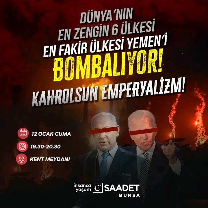 Dünya’nın en zengin altı ülkesi Abd, İngiltere, Bahreyn, Kanada ve Hollanda en fakir ülke olan Yemen'e saldırıyorlar.
#KahrolsunEmperyalizm