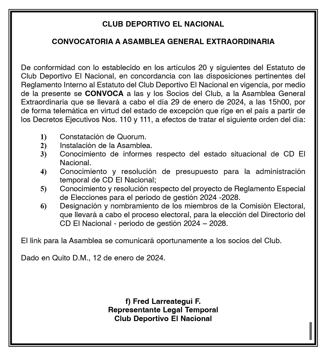 elnacionalec's tweet photo. 📌 Convocatoria a Asamblea General Extraordinaria

Club Deportivo El Nacional https://t.co/1SOOObOmPi