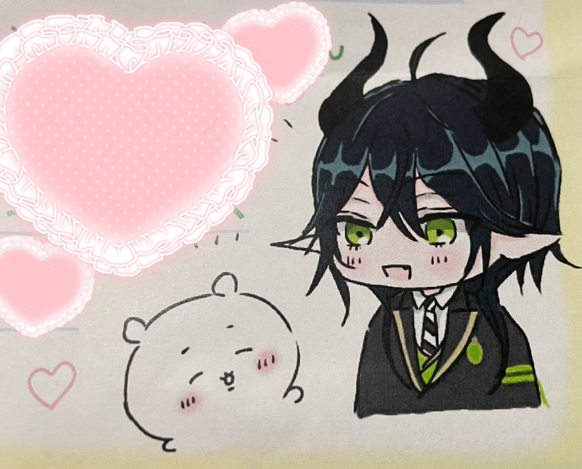 solo pointy ears green eyes black hair heart fur trim bow  illustration images