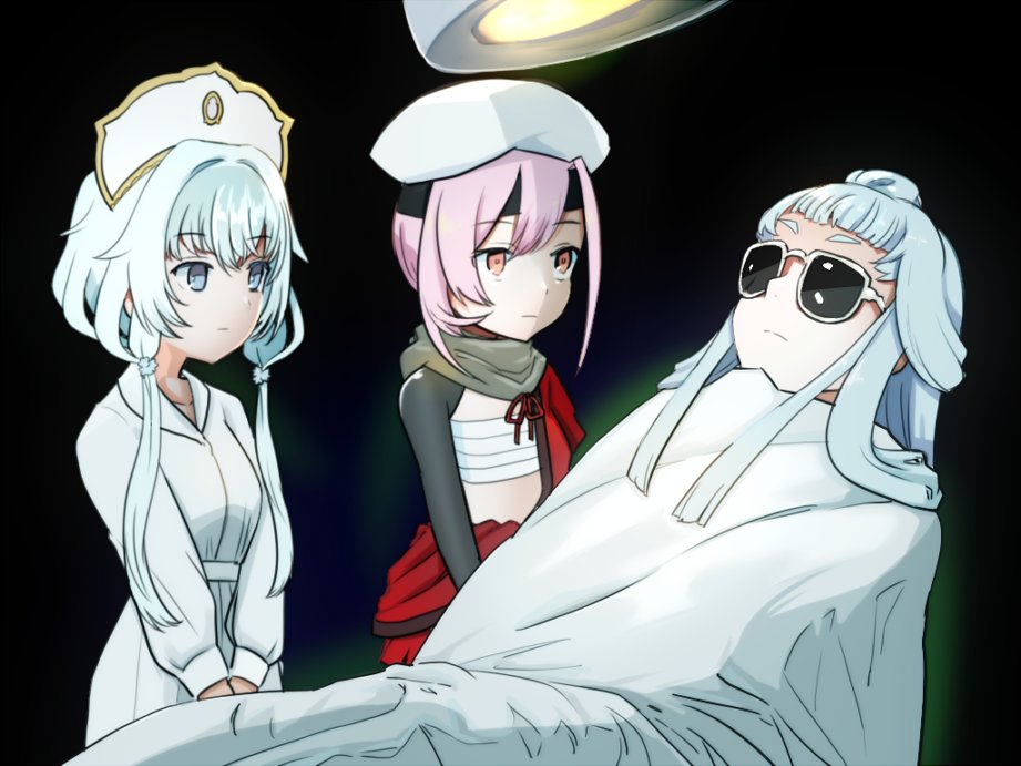 multiple girls 3girls pink hair sunglasses hat white headwear blue hair  illustration images
