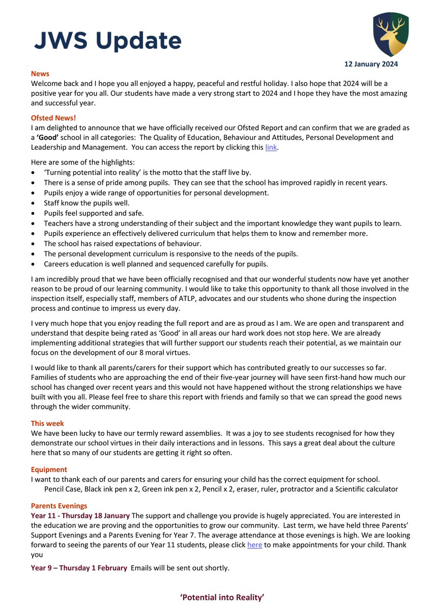TRSSchool's tweet photo. Lots of news and reminders, stay up to date with our school community and read our latest JWS Update #ofsted #goodrating #potentialintoreality #community  #77B @ATLPCEO https://t.co/7e5QAjDVQX