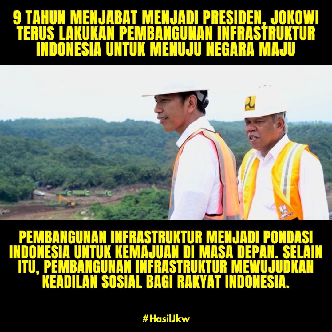 9 tahun Jokowi memimpin, pembangunan infrastruktur di Indonesia terus berlanjut. Pembangunan infrastruktur ini menjadi pondasi Indonesia untuk kemajuan di masa depan. Selain itu, pembangunan infrastruktur juga mewujudkan keadilan sosial bagi rakyat Indonesia.

#JKWTerbaik