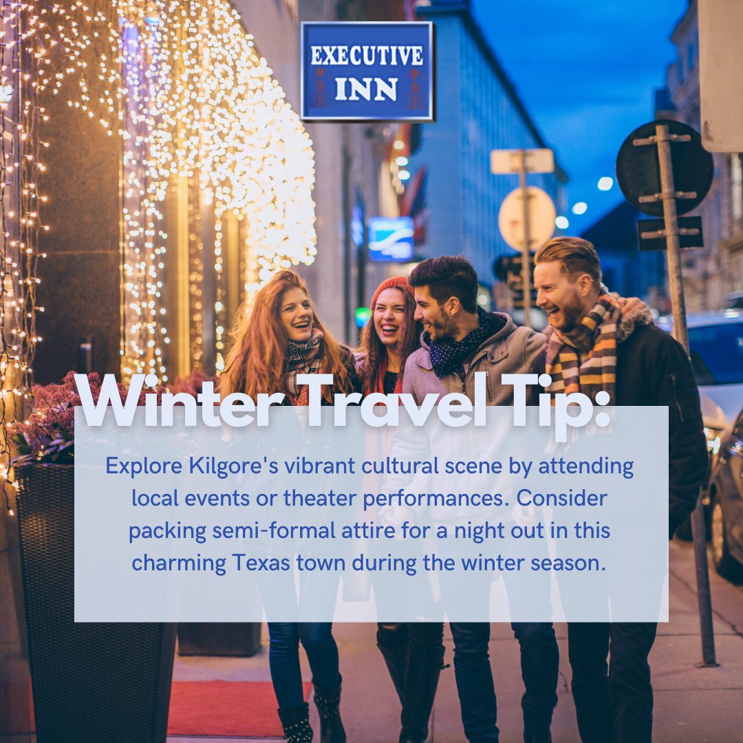 Winter in Kilgore, TX – where warmth meets hospitality at #ExecutiveInnKilgore. Layers are the key to enjoying the local attractions. Experience comfort and adventure.
#KilgoreTX #wintertravel #wintertraveltips #wintertime #wintergetaway #WinterAdventure