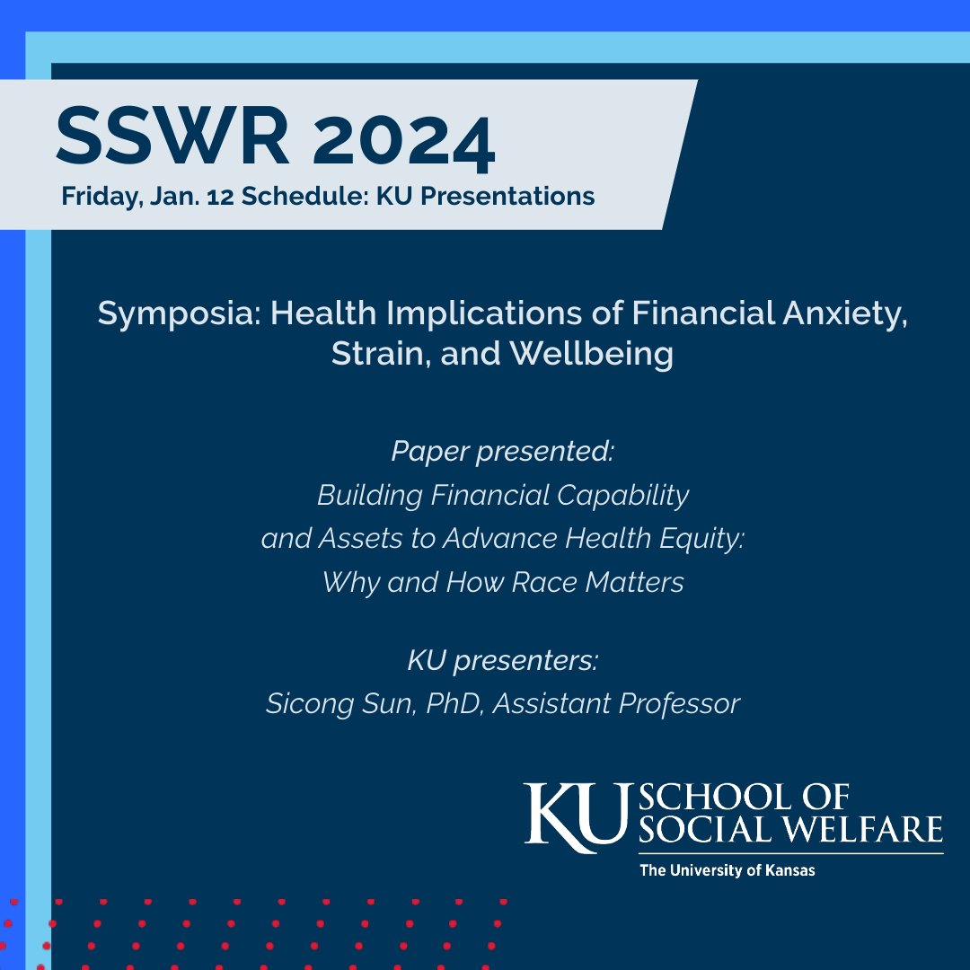 KUSocialWelfare's tweet photo. Seven sessions on the Friday schedule for #SSWR2024 feature research from KU. 

Today’s lineup includes faculty, research staff and students sharing their work on mental health, foster care and health equity. Full list: https://t.co/Hl5T8FqJvb

#KUSSW https://t.co/shGwH5f4ej