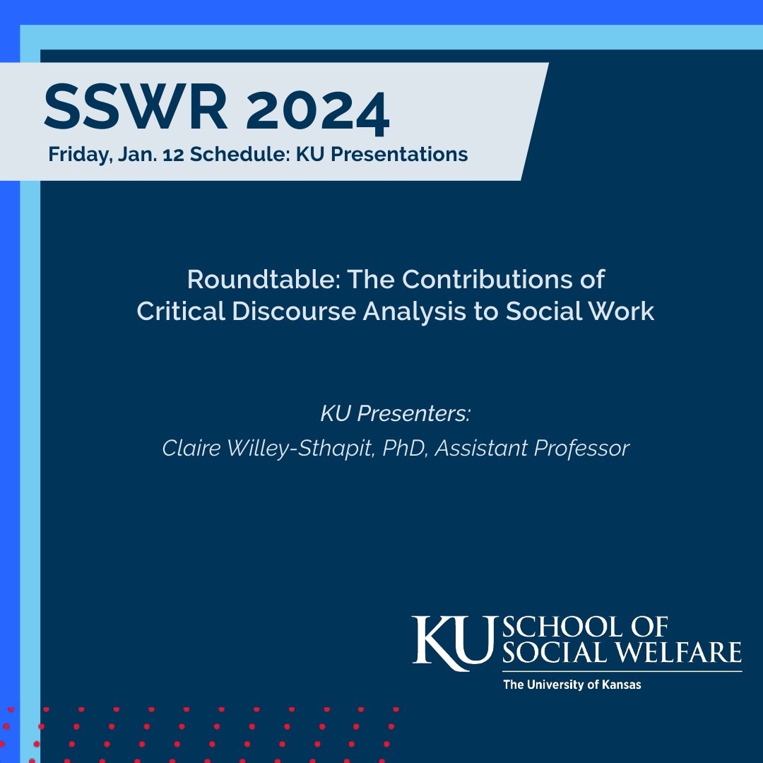 KUSocialWelfare's tweet photo. Seven sessions on the Friday schedule for #SSWR2024 feature research from KU. 

Today’s lineup includes faculty, research staff and students sharing their work on mental health, foster care and health equity. Full list: https://t.co/Hl5T8FqJvb

#KUSSW https://t.co/shGwH5f4ej