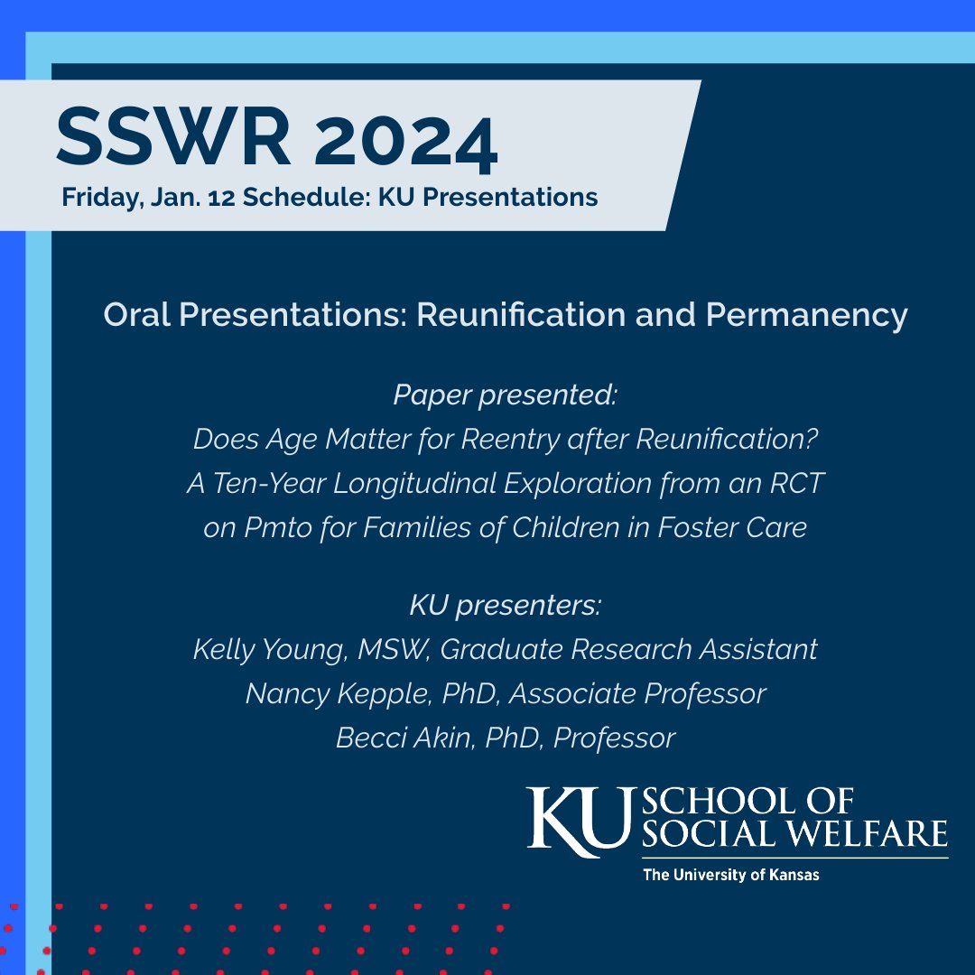 KUSocialWelfare's tweet photo. Seven sessions on the Friday schedule for #SSWR2024 feature research from KU. 

Today’s lineup includes faculty, research staff and students sharing their work on mental health, foster care and health equity. Full list: https://t.co/Hl5T8FqJvb

#KUSSW https://t.co/shGwH5f4ej