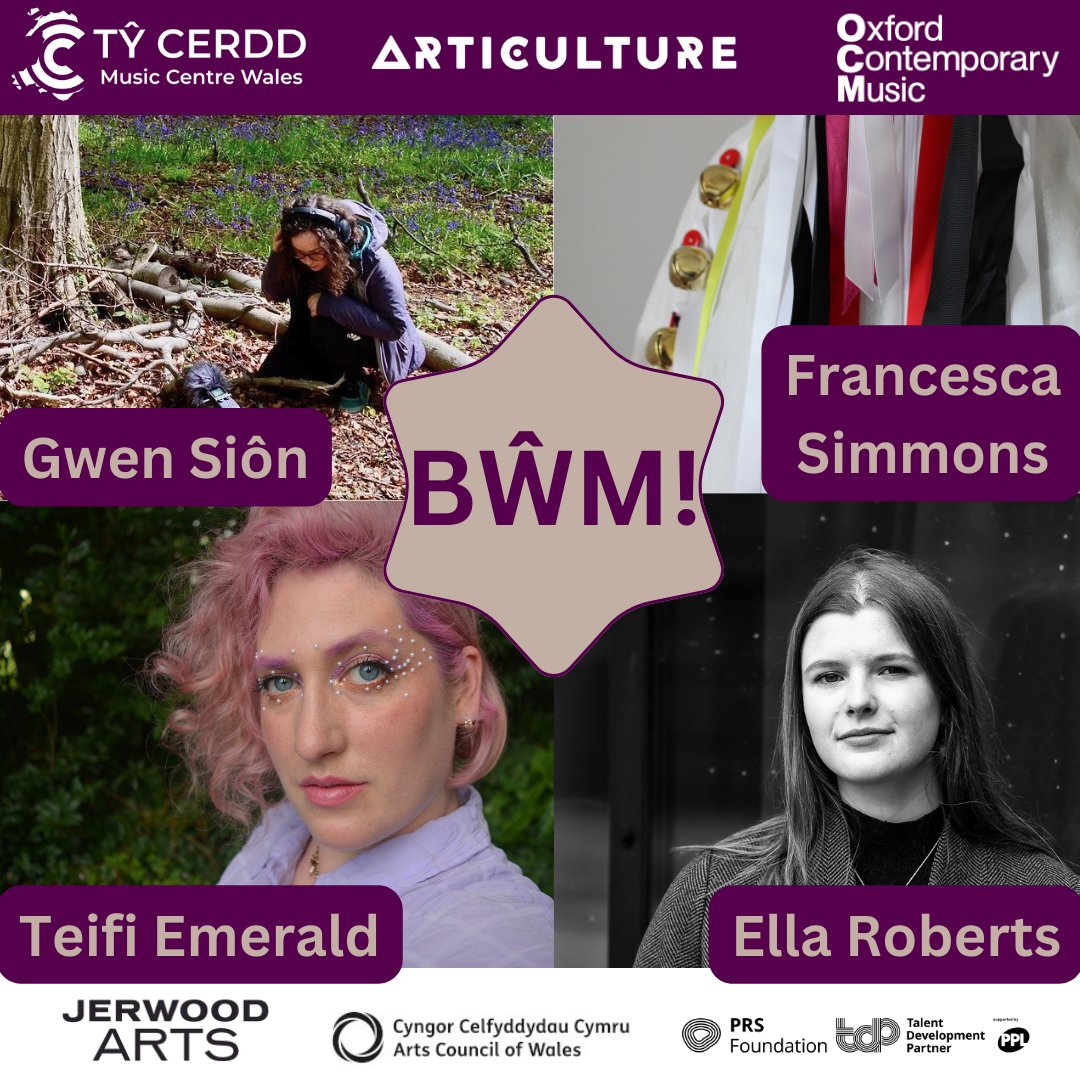 Introducing the artists on BŴM! - a scheme created in partnership with Tŷ Cerdd and Articulture. 

Read more: ow.ly/JP6i50QpUP8

OCM is funded by @prsfoundation <a href="/PPLUK/">PPL</a> <a href="/ace_national/">Arts Council England</a> 

#ocm #FundedbyPRSF
<a href="/sound_by_ella/">Ella Roberts</a>
<a href="/theTeiFiverse/">TeiFi</a>
<a href="/MadameCeski/">Francesca Simmons</a>
@Jerwoodarts
<a href="/Arts_Wales_/">Cyngor Celfyddydau Cymru | Arts Council of Wales</a>