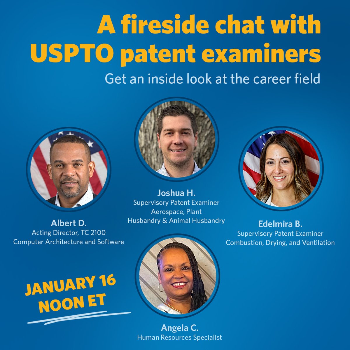 USPTOjobs's tweet image. How do you structure your day as a #remote patent examiner? What type of training is provided? How can I earn #bonuses? Ask all your questions at next week’s virtual fireside chat, Jan. 16, noon ET. Tune in  before applying on #USAJOBS: bit.ly/3tVDobu.