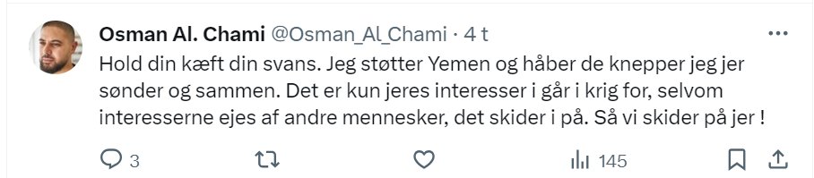 Typisk mundl***, hvis man ikke bakker det arabiske narrativ op.

Bortset fra, at Hamas faktisk gjorde det, der står, imod hundredevis af israelske kvinder.

Alligevel er det altid danskere, som er kritiske over mennesker som Osman al Chami, der skal passe på tonen i debatten.