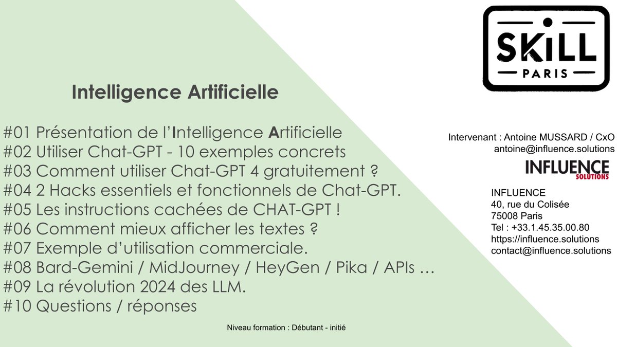 Formation en Intelligence Artificielle d'1 heure débutants/initiés Paris 8 jeudi 25 janvier prochain.
320 € HT
Aucune connaissance technique nécessaire
Inscription : skill.paris
#ia #formation #formationia
Par : <a href="/antoinemussard/">Antoine MUSSARD 🇫🇷🇪🇺</a> / <a href="/influence_sol/">Agence Influence (ex VRDCI)</a>