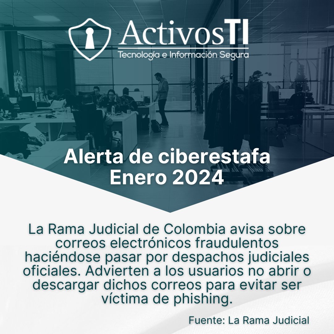 ActivosTI's tweet photo. 💻🛡️Evita ser víctima de #phising proveyendo información sensible y descargando archivos de correos de dudosa procedencia. Mantente informado con @ActivosTi para mantenerte actualizado de más noticias 🔒 
#SeguridadDigital #Ciberseguridad #phishing #EstoyCibereguroYTu https://t.co/6Nvn81UCOL