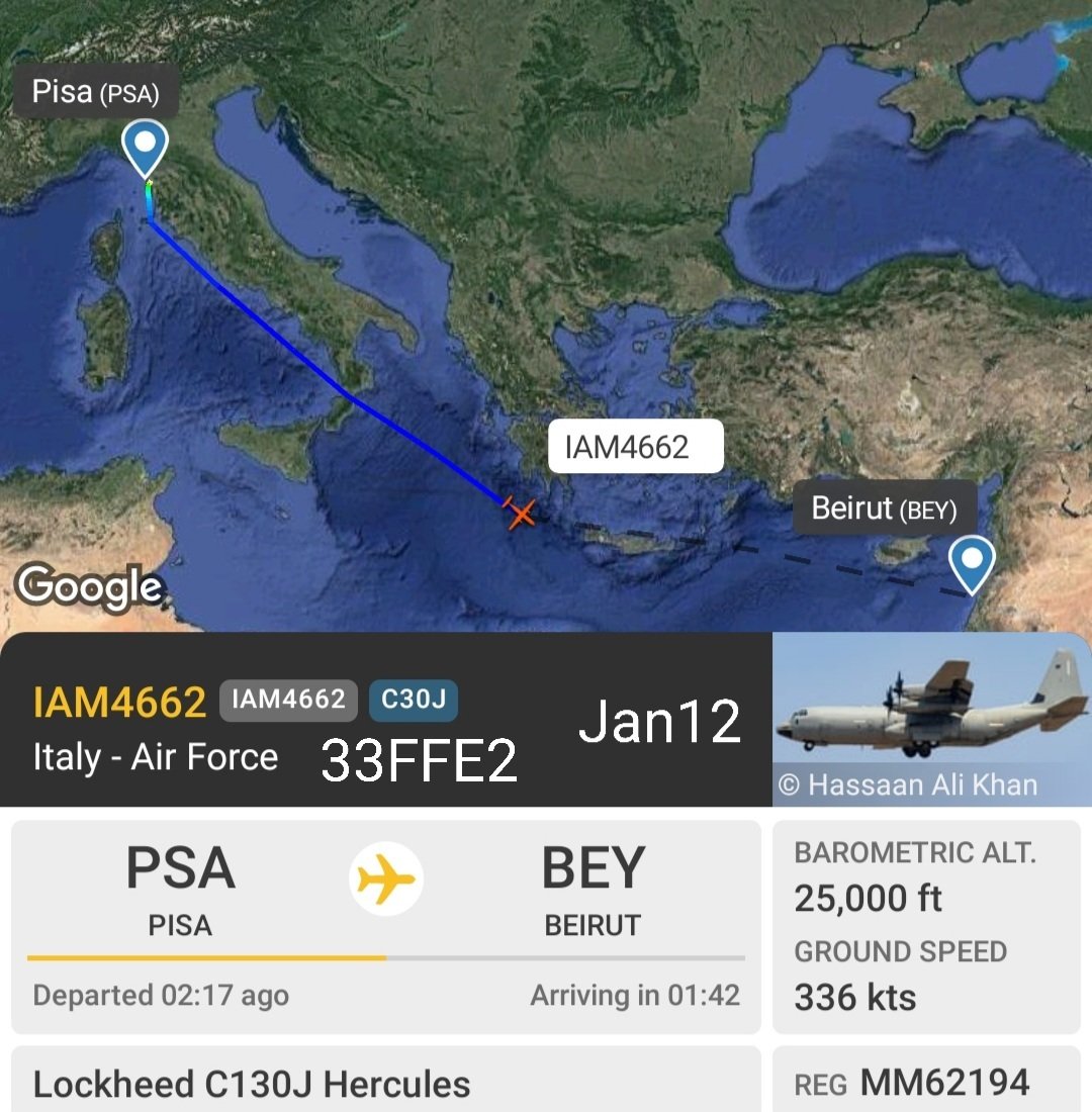 LebanonJets's tweet photo. Military: #Italy AirForce #C130 #MM62194 as #IAM4662 hex #33FFE2 on the way from #Pisa to #Beirut for a quick 90min turnaround then back https://t.co/MdJWzphQ0P