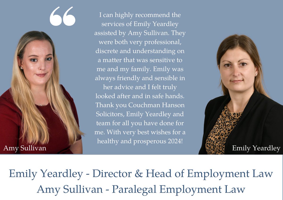 CouchmanHanson's tweet photo. We have a new 5* review for Emily Yeardley and Amy Sullivan in our Employment Law Team!  If we can assist you with an employment matter, please do not hesitate to contact us.
01428 774756 | enquiries@couchmanhanson.co.uk
https://t.co/P0HttLKBLG
https://t.co/MR0FVdV4lN https://t.co/tKnW8ulchC