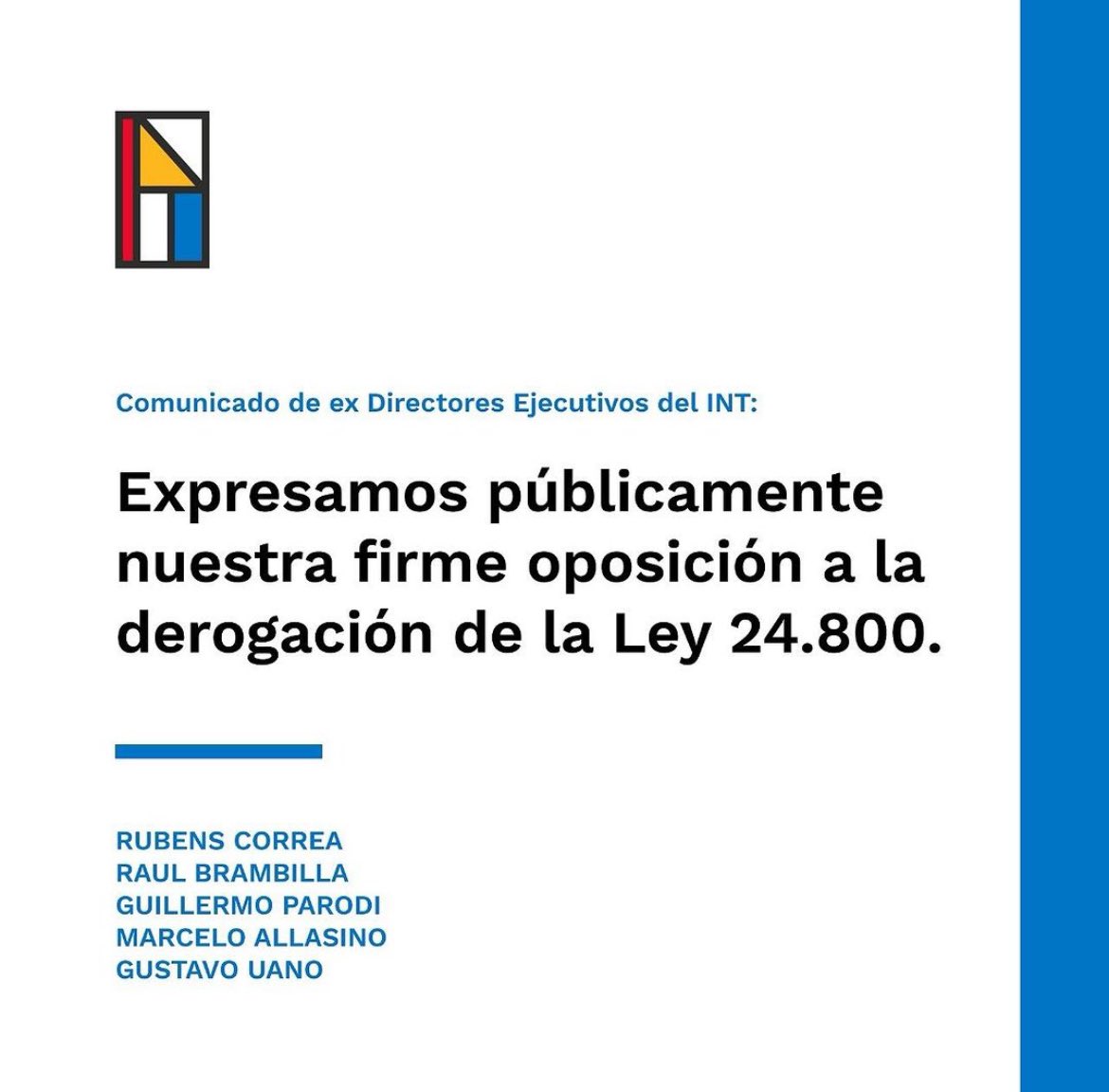 Comunicado de ex Directores Ejecutivos del Instituto Nacional del Teatro:

Rubens Correa
Raúl Brambilla
Guillermo Parodi
Marcelo Allasino
Gustavo Uano

inteatro.ar/novedades/comu…
