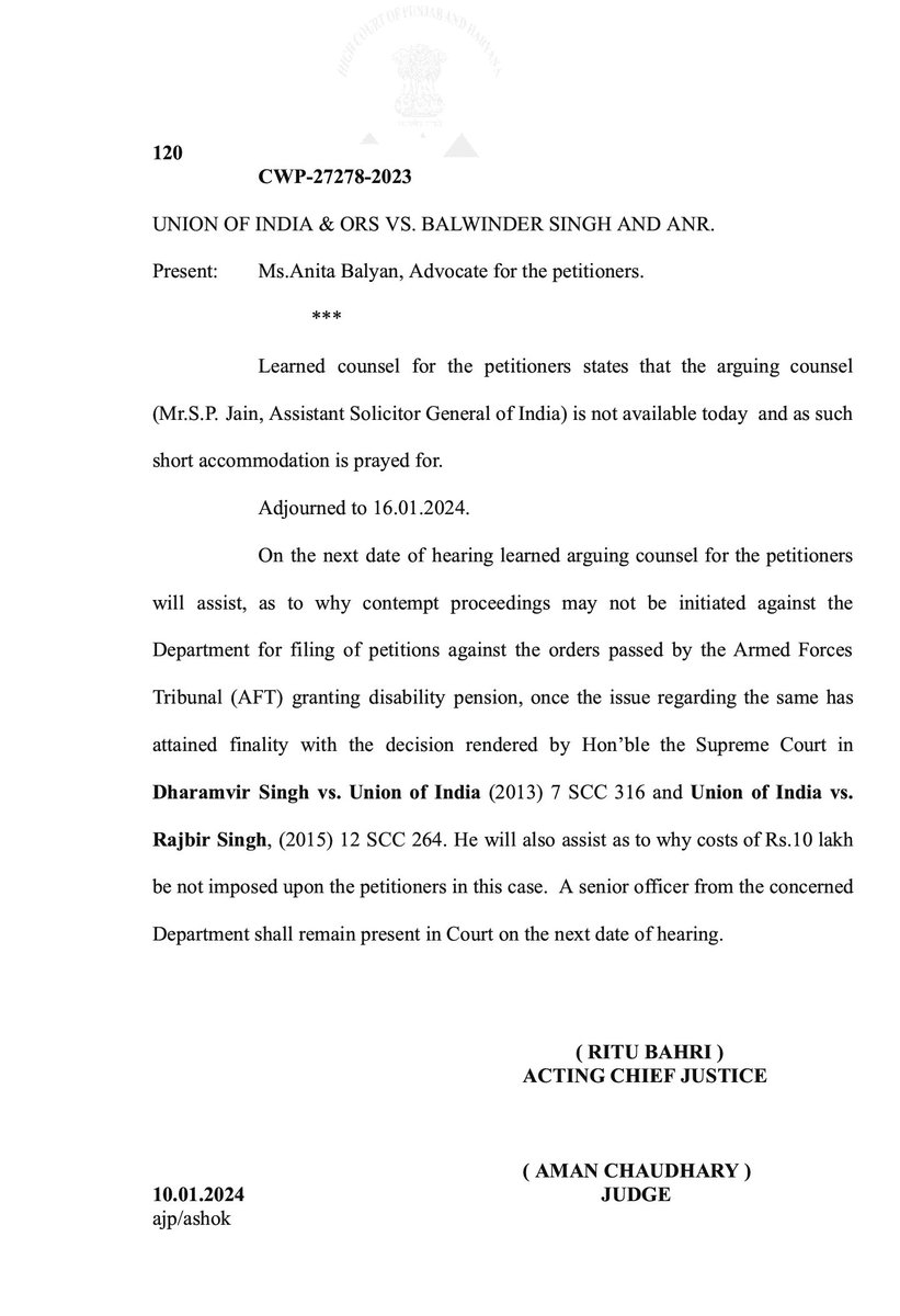 Warrior_Mukul's tweet photo. Another feather in the Caps of our worthy MoD Babus & other concerned Officers.... Suo Motto Contempt initiated by Hon'ble High Court of Punjab & Haryana for filing of reckless Appeals against the AFT Orders in Disability Pension cases which have already been settled by the Hon'ble Supreme Court. Unless few of the erring Officers of all the concerned Departments responsible for filing of such infructuous Appeals & wasting the Public money on such litigation are not sent to Jail for a few months, they would not learn the lesson. Kudos to the Hon'ble Punjab and Haryana High Court.